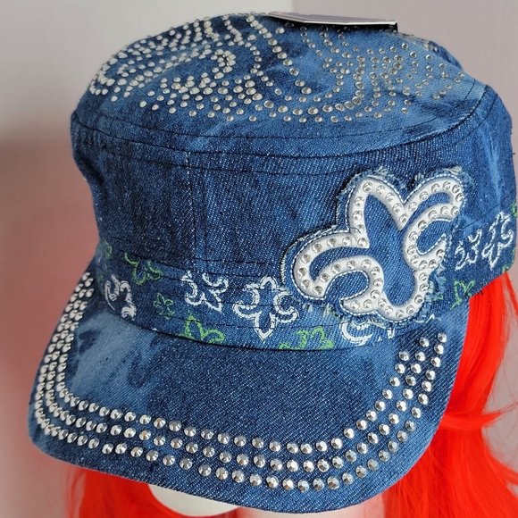 `H25703 NWT Professional Style Splash Denim Rhinestone Fleur De Lis Cadet Caps - Picture 2 of 5